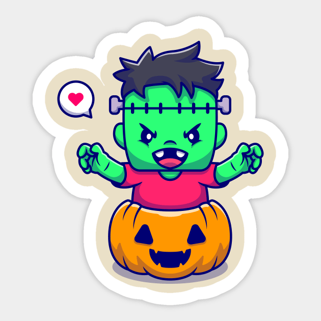 Cute Frankenstein With Pumpkin Halloween Cartoon Sticker by Catalyst Labs